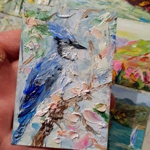 Pássaro azul da felicidade pintura Blue Jay pintura retrato original Pequeno pássaro na árvore pintura a óleo