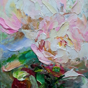 Peony painting original Pink white flowers abstract impasto oil painting Textured handmade artwork floral neutral colours