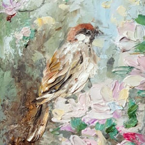 Pintura original de gorrión Pequeño pájaro en el jardín Retrato Pintura al óleo de árboles en flor de primavera Regalo para amantes de la naturaleza
