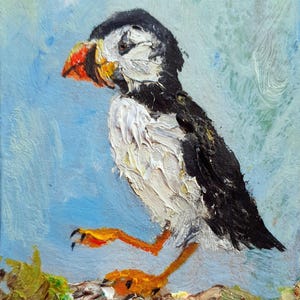 Pintura de frailecillo atlántico original Retrato de pájaro Obra de arte pequeña Pintura al óleo coleccionable en tamaño ACEO