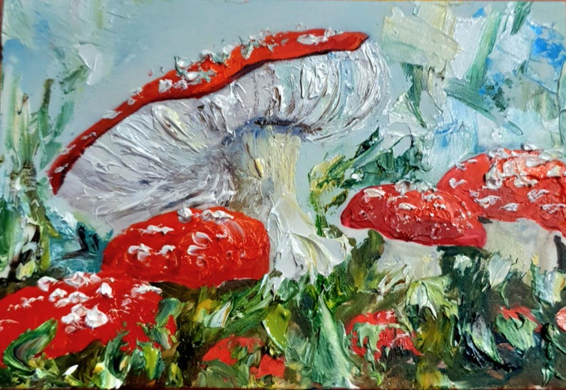 Fly Agaric Painting: Textured Impasto Mushroom Art (2.5x3.5) image 3