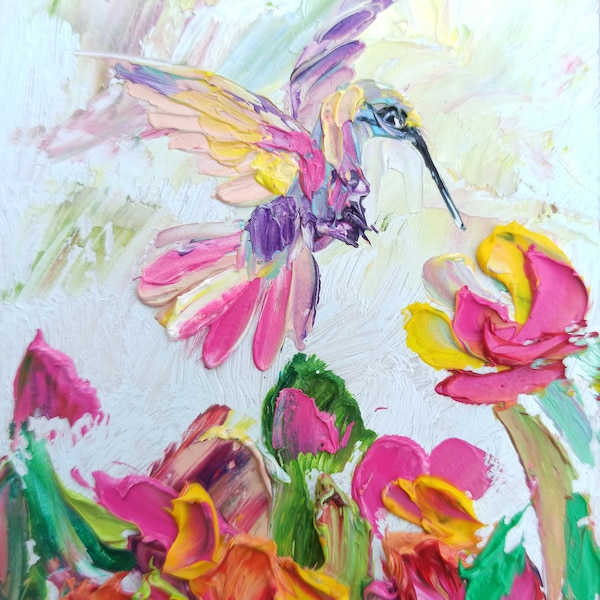 Kolibri Paradiesvogel Blumen Gemälde pastose Malerei Vogel und Blumen Kunstwerk Kleine Blumenmalerei Geschenk für sie