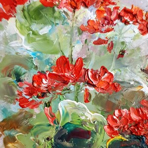 Pintura original de geranio Pelargonium flor roja tamaño ACEO pequeña obra de arte para decoración de inauguración del hogar
