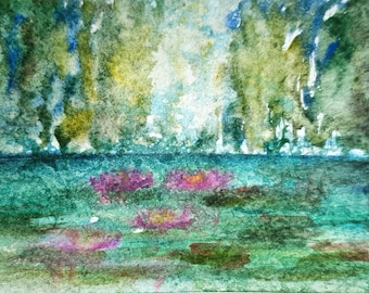 Water lilies pond painting original Monet style watercolor artwork with trees and flowers