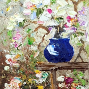 Dipinto originale di fiori di melo in vaso, dipinto a olio di fiori bianchi e rosa primaverili, piccola opera d'arte strutturata fatta a mano, opera d'arte unica nel suo genere.