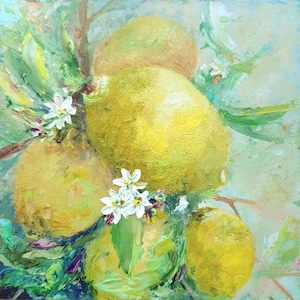 Pintura de limón original, fruta amarilla en crecimiento, pintura al óleo impresionista, positiva, Italia, Positano, arte de pared, plein air, regalo para amantes de los viajes