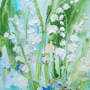 Pintura de lirio del valle, tamaño original de ACEO, obra de arte pequeña, flores blancas de primavera, obra de arte hecha a mano para la decoración del hogar