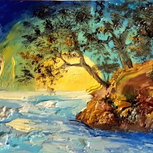 Pintura de luna grande original Árbol en la montaña cerca del mar pintura al óleo Regalo para amantes de la naturaleza