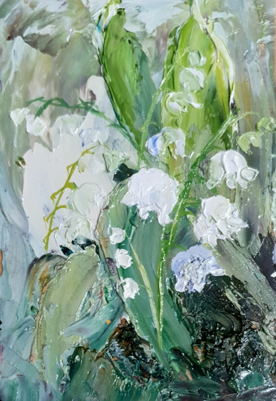 Lily off the valley painting original ACEO size small artwork Spring white flowers handmade artwork for home warming decor
