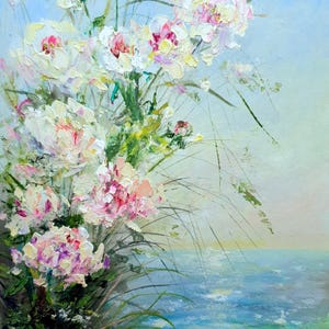 Pintura original de peônia de 8" por 10", flores silvestres perto de uma lagoa, pintura a óleo, arte realista feita à mão para decoração de parede de aquecimento doméstico