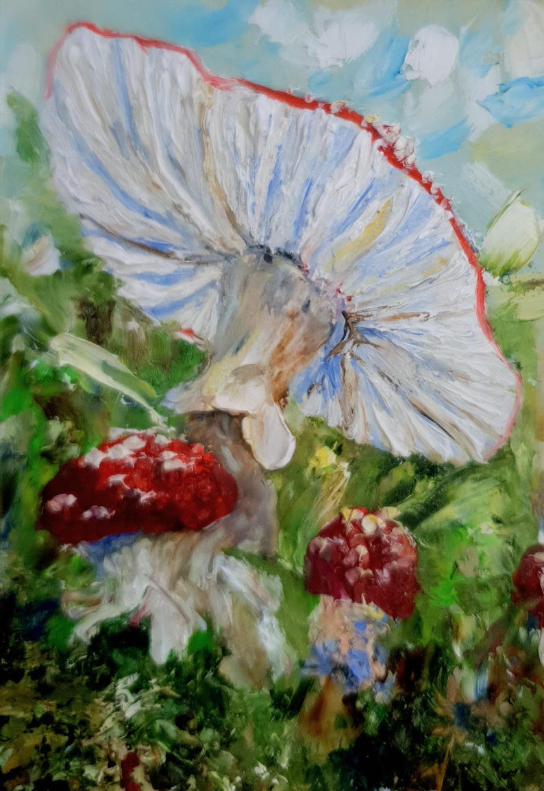 May include: An oil painting depicting a large mushroom with a white, textured underside and a red-rimmed cap, surrounded by smaller red mushrooms with white spots. The scene is set against a background of green foliage and a light blue sky.