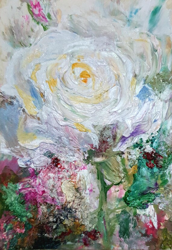 白いバラの絵画、オリジナルACEOサイズの小さな油絵、コレクションや家