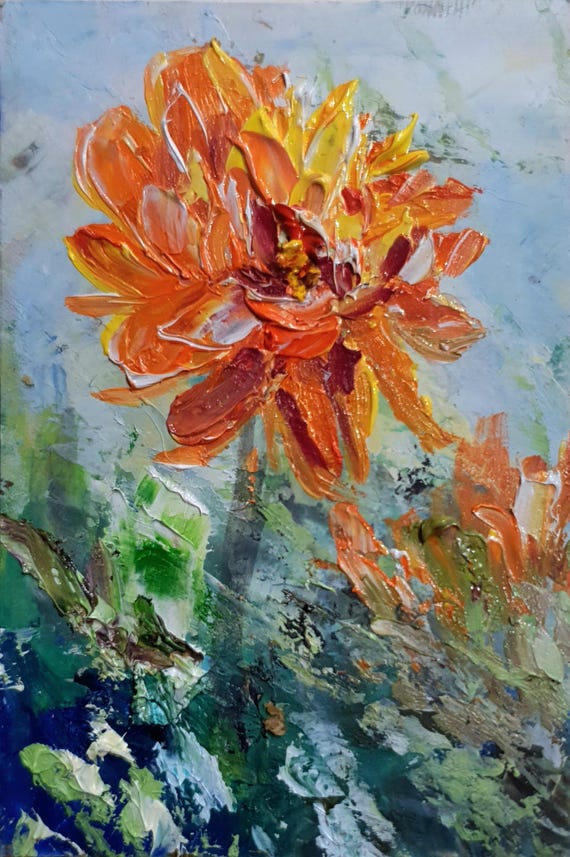 マリーゴールドの花の絵画：オリジナル厚塗り油彩肖像画（2.5×3.5 