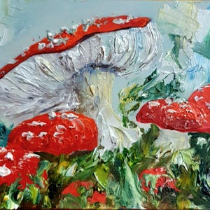 Fly Agaric Painting: Textured Impasto Mushroom Art (2.5x3.5) image 7