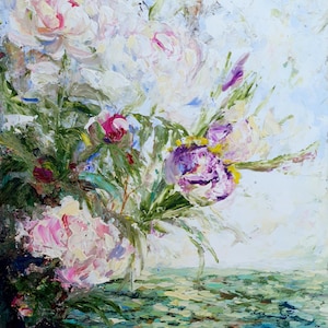 Pintura original de peonía de 8" x 10" con flores silvestres cerca de un estanque, pintura al óleo, obra de arte realista hecha a mano para decorar la pared del hogar.