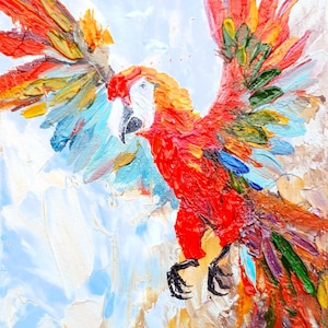 Pintura original de loro grande Retrato de pájaro volador Pintura al óleo de loro Ara colorido rojo amarillo turquesa