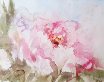 Original ACEO Peony Watercolor Painting: Pink Floral Miniature Art