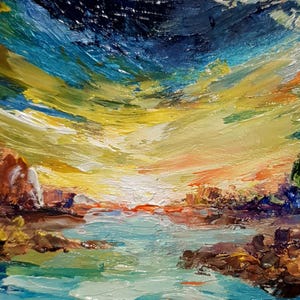 Antes do nascer do sol, pintura original de paisagem noturna, pintura a óleo em tons de roxo e azul, árvores perto do rio, arte