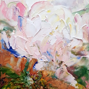 May include: Impasto oil painting of a large, abstract flower. The petals are thick and textured, painted in shades of white, pink, and blue. The background features brown, green, and yellow brushstrokes, creating a sense of depth and dimension. The artwork is a close-up of a floral theme.