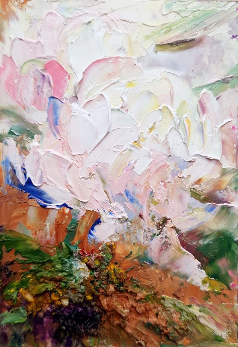 May include: Impasto oil painting of a large, abstract flower. The petals are thick and textured, painted in shades of white, pink, and blue. The background features brown, green, and yellow brushstrokes, creating a sense of depth and dimension. The artwork is a close-up of a floral theme.