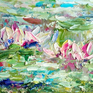 Estanque con nenúfares, pintura original de flores rosas, empastado pesado, pintura al óleo hecha a mano, estudio floral de verano, pintura pequeña