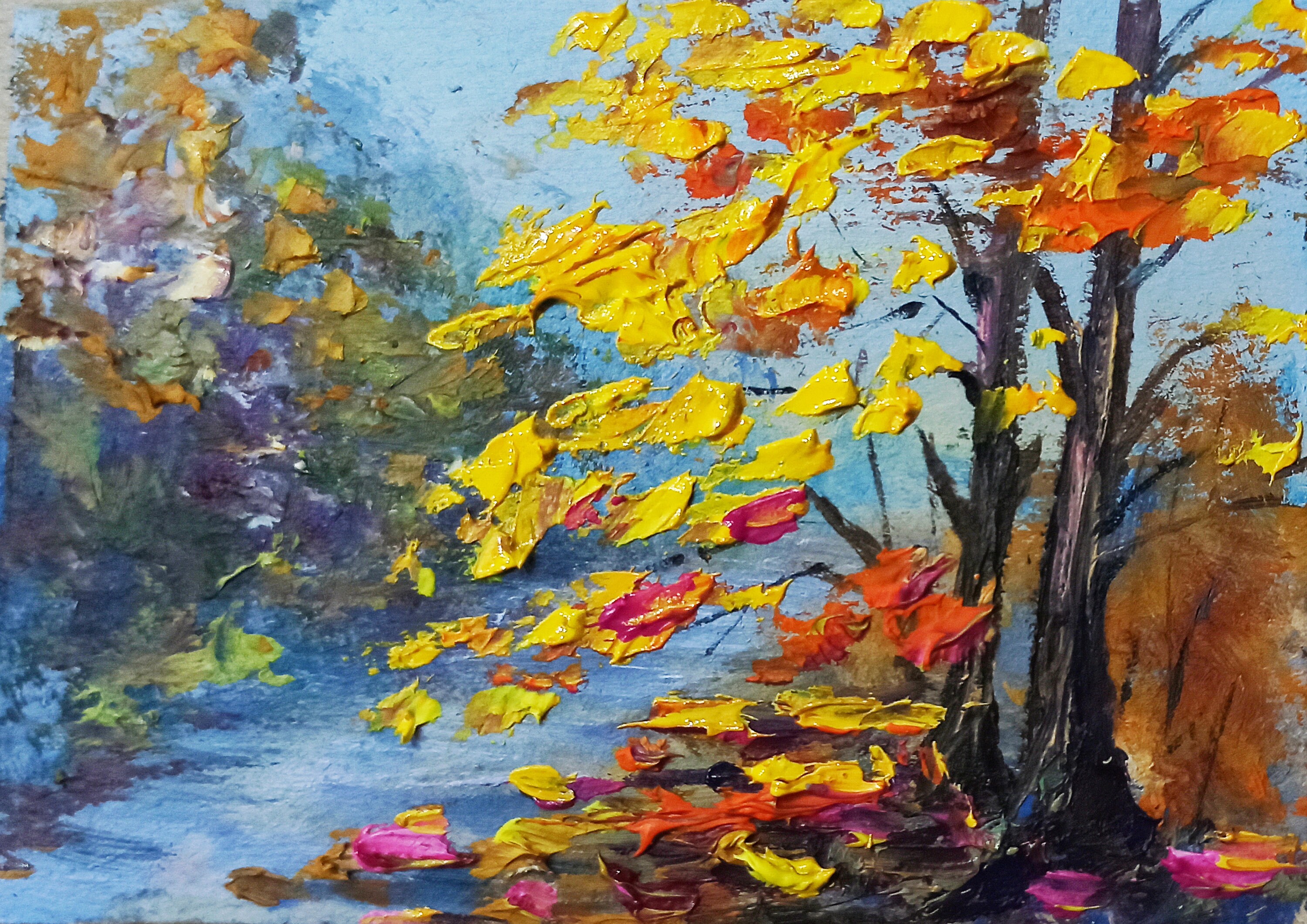 Fall Landscape Painting Original Trees With Yellow Leafs Warm Colours ...