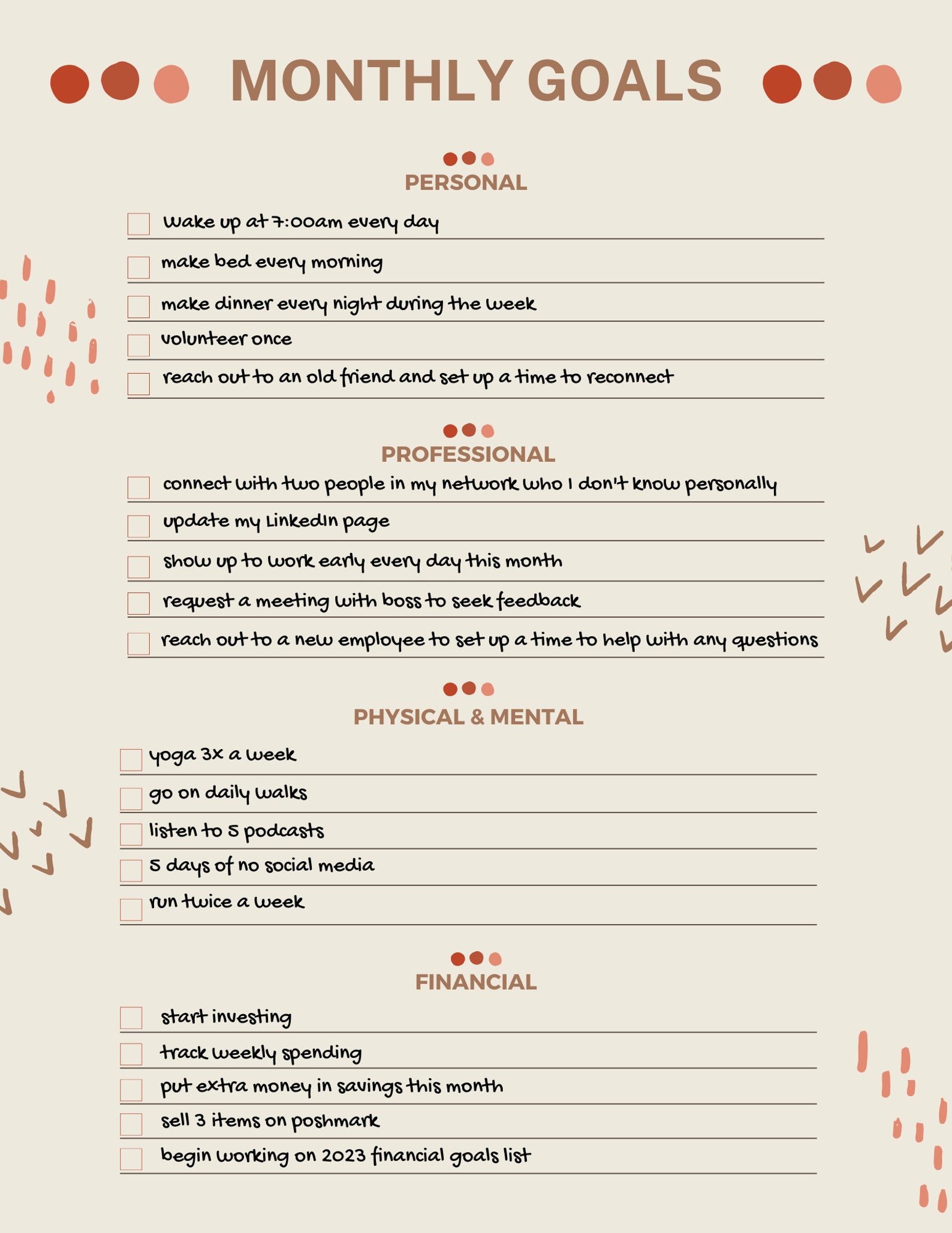 Downloadable Printable Monthly Goals Template Etsy