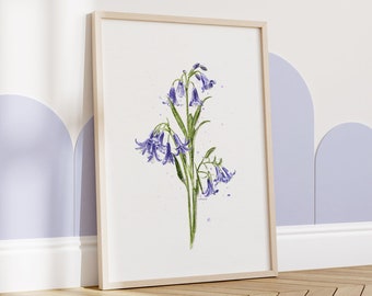 Lámina de acuarela de campanillas azules: ilustración floral, decoración primaveral para el hogar