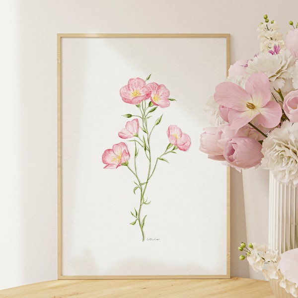 Impression d'art aquarelle primevères roses : décoration murale florale (A4 A3)