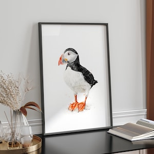 Impresión artística de acuarela de frailecillos / Ilustración simplista de animales del Ártico / Arte mural / Imagen sin marco A4 A3 / Póster de vida silvestre de animales para guardería