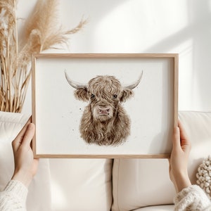 Impresión artística de acuarela de vaca de las tierras altas / Ilustración animal simplista para pared / Imagen sin marco A4 A3 / Póster de animales para decoración de guardería