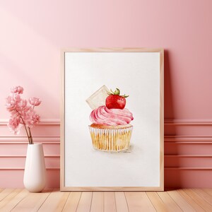 Strawberry Cupcake Watercolour Print: Foodie Wall Art