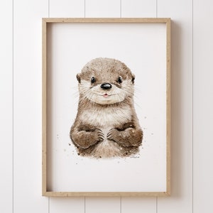 Impresión artística de acuarela de nutria bebé / Ilustración de animal lindo de nutria para pared / Imagen sin marco A4 A3 / Póster decorativo de animales para guardería