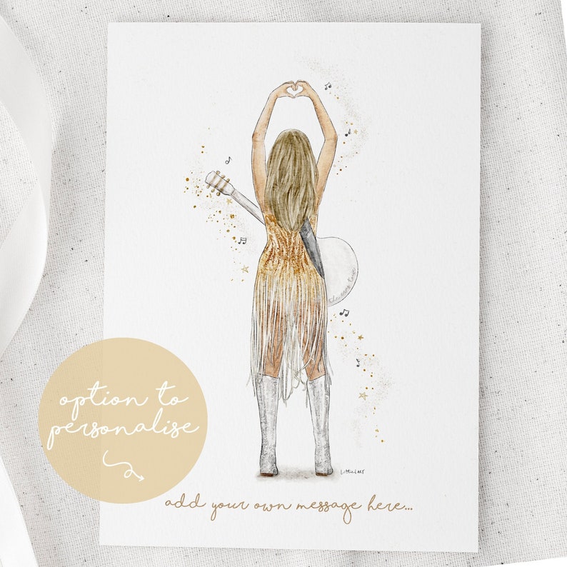 May include: A watercolor illustration of a person with long blonde hair seen from behind, wearing a gold fringed dress and silver boots. The person holds a guitar and forms a heart shape with their hands. Gold sparkles and musical notes surround them.