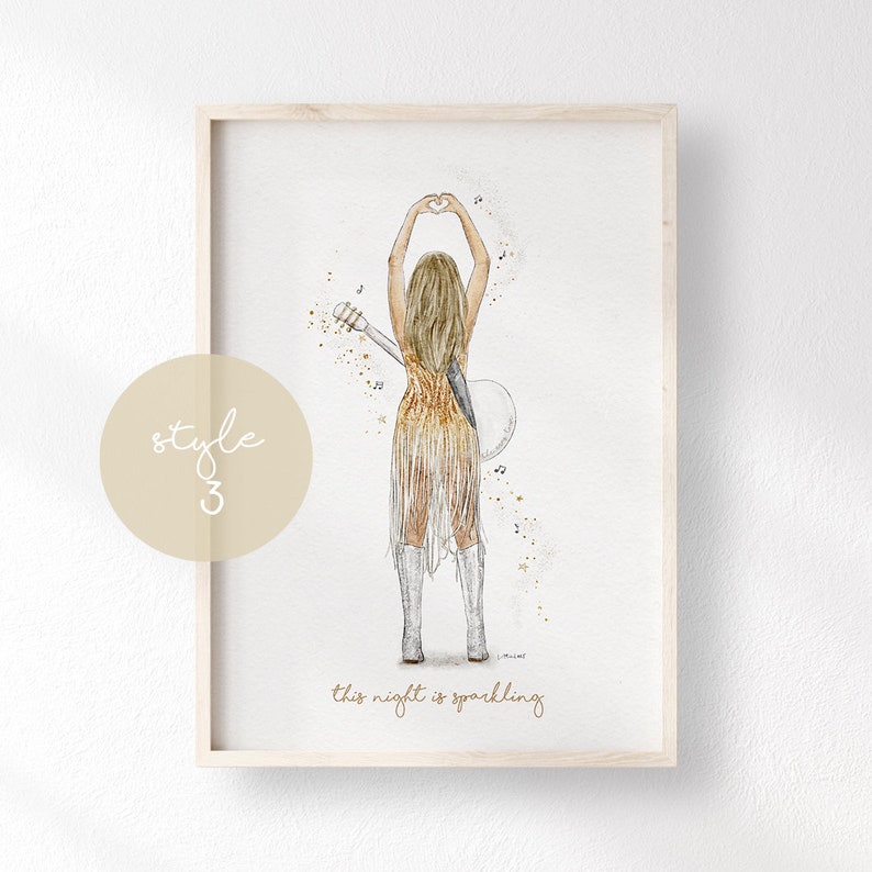 May include: A framed art print featuring a blonde figure from behind, wearing a gold fringed dress and silver boots, holding a guitar and making a heart shape with hands. The text reads style 3 and this night is sparkling with gold accents.