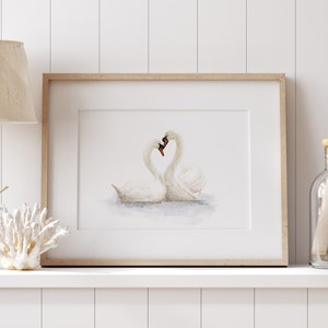 Impresión artística de acuarela de El lago de los cisnes / Arte mural con ilustración de animales / Póster minimalista para decoración del hogar / Sin marco A4 A3 / Pareja de cisnes enamorados