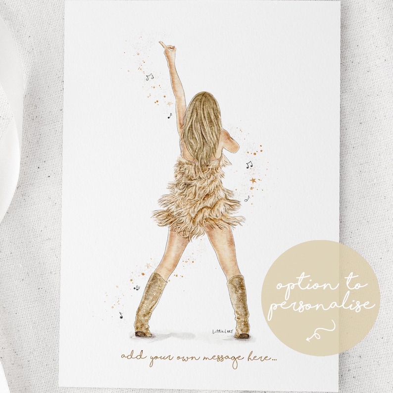 May include: Watercolor illustration of a singer in a fringed dress and boots, with musical notes and star accents. The image includes text that says "option to personalize" and "add your own message here..."