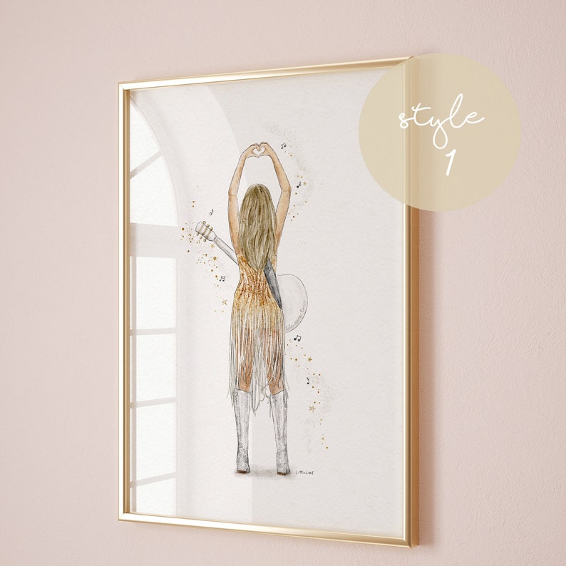 May include: A framed art print featuring a blonde individual seen from behind, wearing a gold fringed dress and white boots. The figure holds a guitar on their back and forms a heart shape with their hands above their head. Gold sparkles and musical notes surround the figure, with the text style 1 visible in the upper right corner.