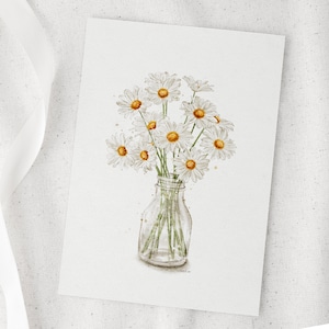 Impresión artística de acuarela con jarrón de margaritas / Ilustración digital sencilla de acuarela de margaritas Arte de pared / Póster floral para decoración del hogar
