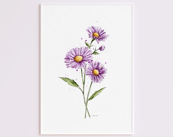 May include: A watercolor painting of purple flowers with yellow centers. The flowers are on white stems with green leaves. The background is white with small purple dots.