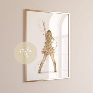 May include: Watercolor print of a woman in a fringed dress and boots, with her arm raised. The artwork is framed in gold and features musical notes. The text "style 1" is in a circle in the lower left corner.