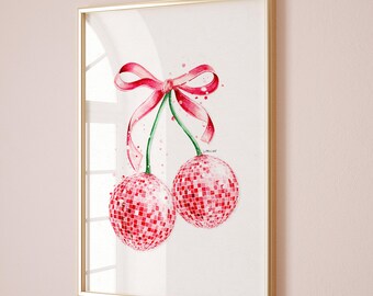 Retro Cherry Disco Ball Print: Watercolour Illustration Wall Art
