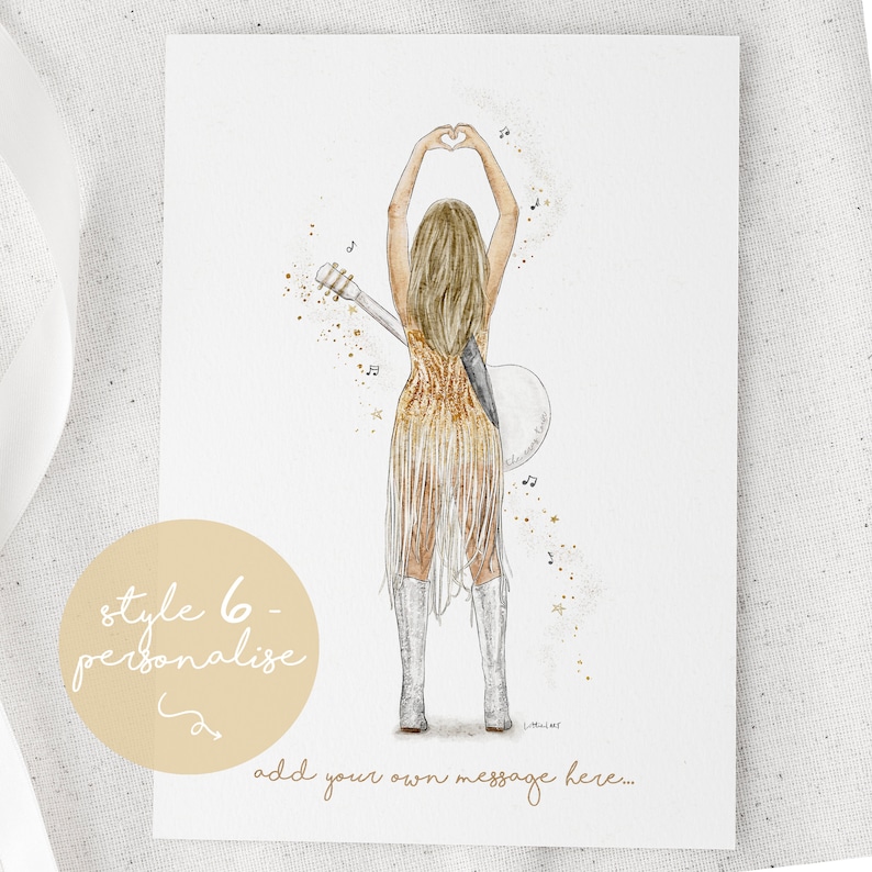 May include: A watercolor illustration of a person seen from behind, wearing a gold fringed dress and silver boots, holding a guitar on their back and making a heart shape with their hands. The image includes gold sparkles, musical notes, and text.