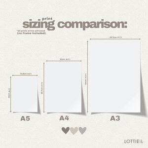 May include: A comparison chart of print sizes: A5 (5.8" x 8.3"), A4 (8.3" x 11.7"), and A3 (11.7" x 16.5"). The text reads "print sizing comparison" and "all prints arrive unframed". The bottom of the image shows three heart icons and the brand name.