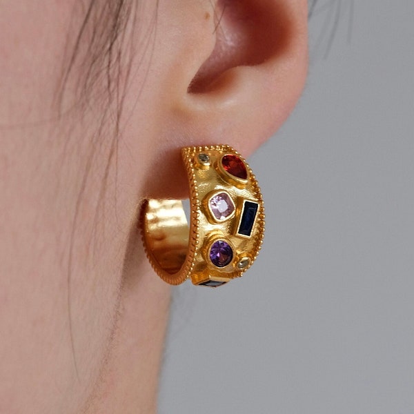 18K Gold Multi-Gemstone Mid-Century Modern Stud Earrings, Magnificent Gemstone French Retro Earrings, C Shaped Hollow Gold Earrings