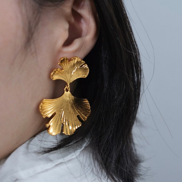 18K Gold Chunky Ginkgo Biloba Leaf Stud Earrings, Ginkgo Leaves Shaped Drop Dangle Earrings, Autumn Winter Style, Boho Botanical Earrings