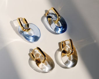 18K Gold Clear Glass Detachable Drop Earrings, Blue Glass Dangle Earrings, Irregular Gold Rectangle Hoops, Something Blue Summer Jewelry