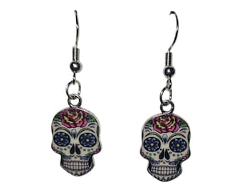 Floral Sugar Skull Dangle Earrings – Day of the Dead Jewelry