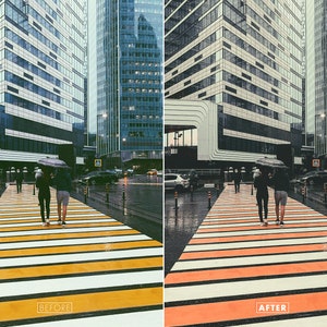 May include: A before and after image showing the difference in colour saturation. The before image shows a zebra crossing with yellow stripes and a couple walking under an umbrella. The after image shows the same zebra crossing with orange stripes.