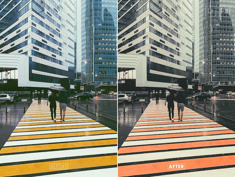 May include: A before and after image showing the difference in colour saturation. The before image shows a zebra crossing with yellow stripes and a couple walking under an umbrella. The after image shows the same zebra crossing with orange stripes.